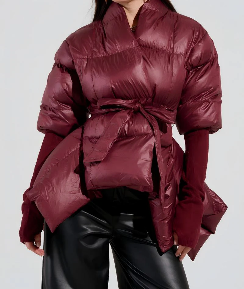 Ribbed-Cuff Asymmetric Puffer Coat