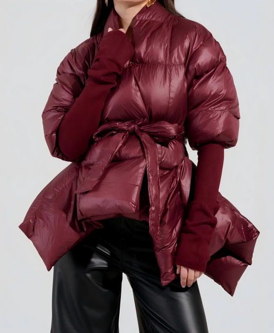 Ribbed-Cuff Asymmetric Puffer Coat