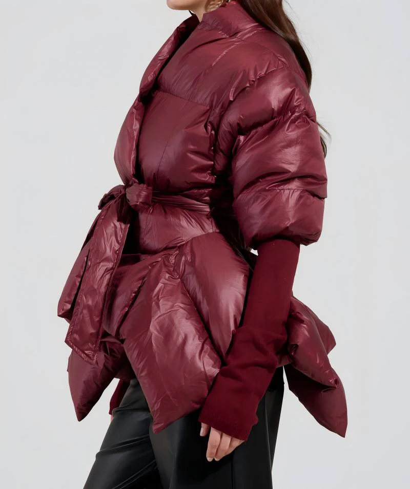 Ribbed-Cuff Asymmetric Puffer Coat