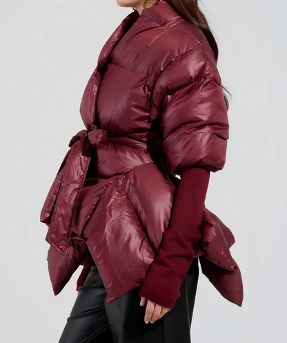 Ribbed-Cuff Asymmetric Puffer Coat