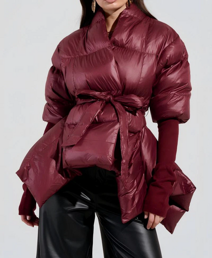 Ribbed-Cuff Asymmetric Puffer Coat
