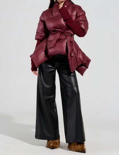 Ribbed-Cuff Asymmetric Puffer Coat