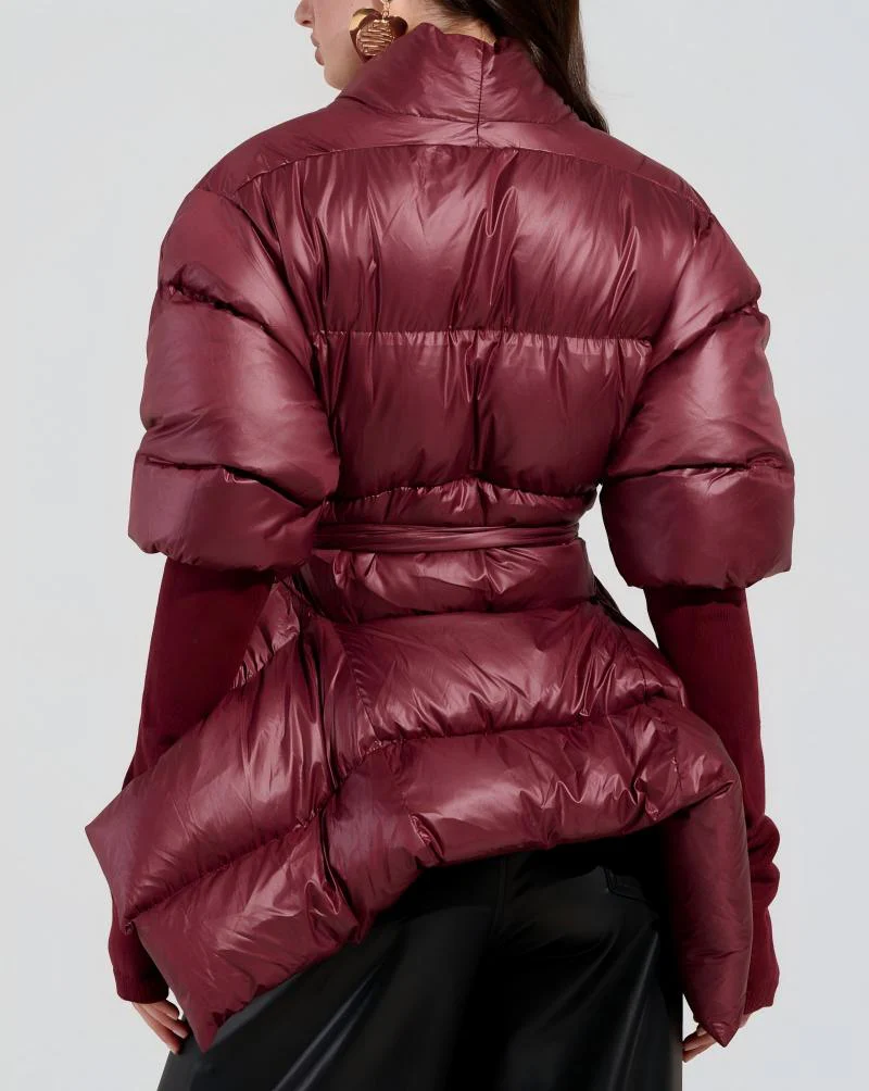 Ribbed-Cuff Asymmetric Puffer Coat