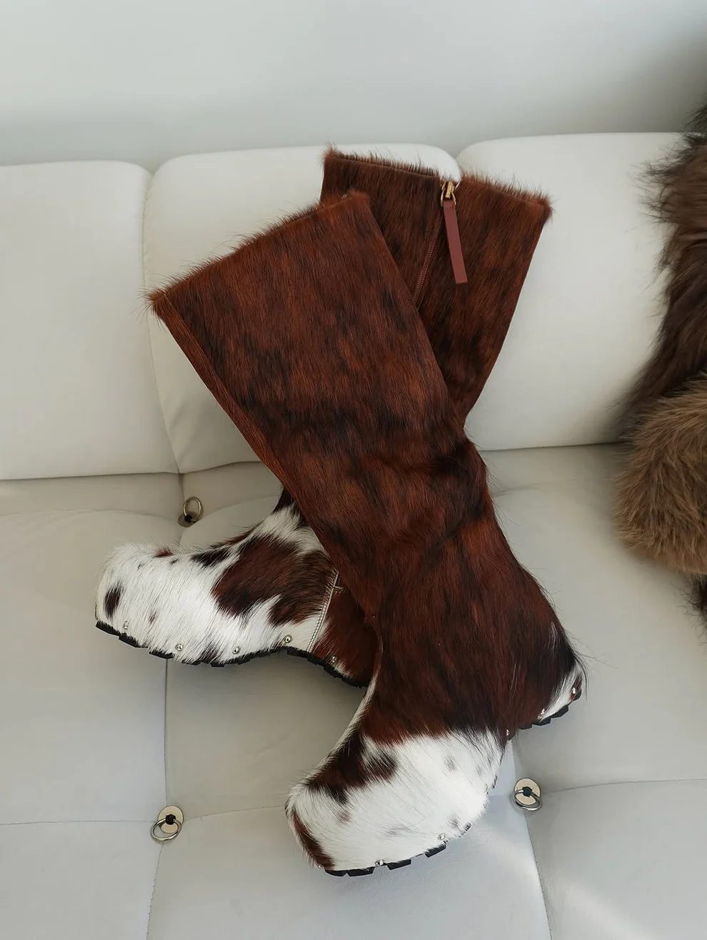Handmade genuine leather felt high-heeled boots