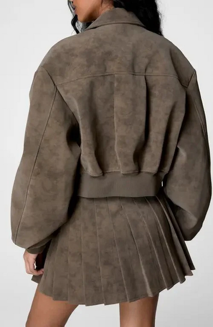 Oversized faux suede bomber jacket and pleated skirt set