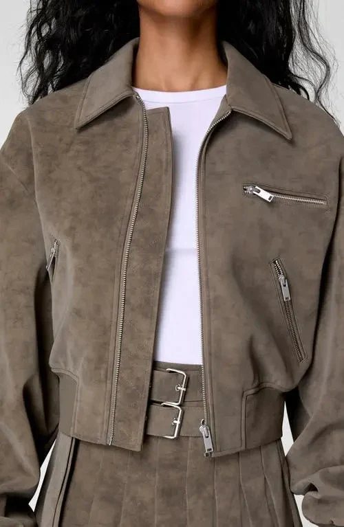 Oversized faux suede bomber jacket and pleated skirt set