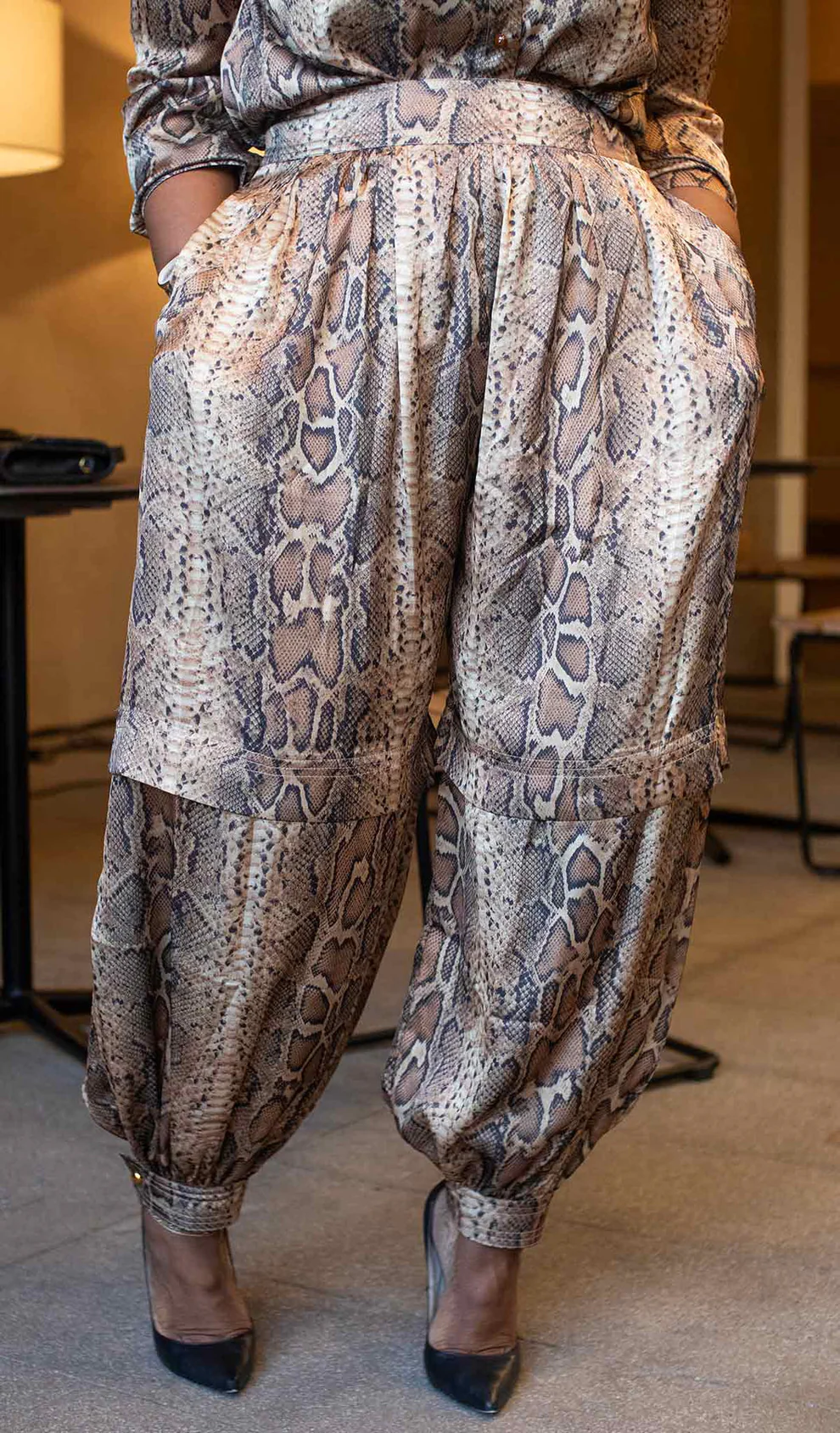 Snake print satin trouser suit