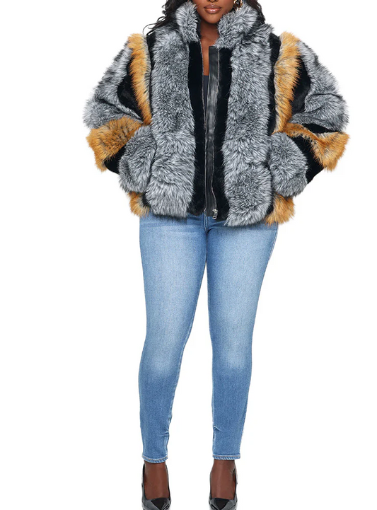 Color-blocked faux fur coat