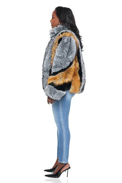 Color-blocked faux fur coat
