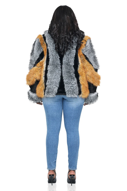 Color-blocked faux fur coat