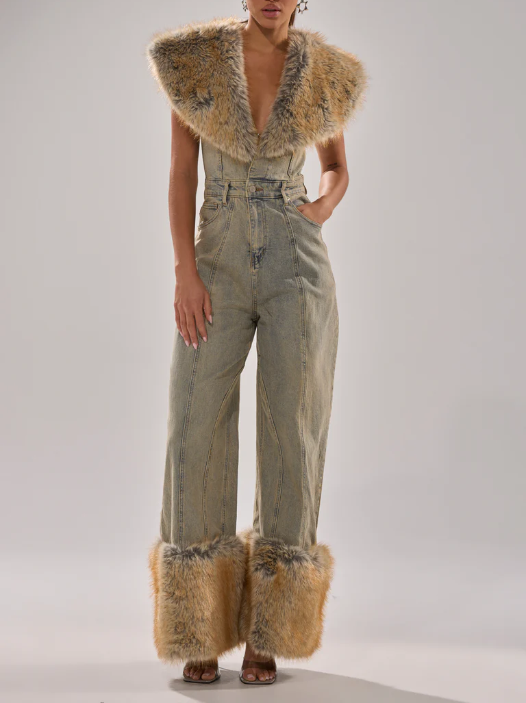Retro Blue Denim Detachable Plush Jumpsuit