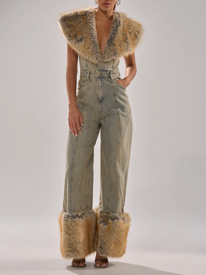 Retro Blue Denim Detachable Plush Jumpsuit