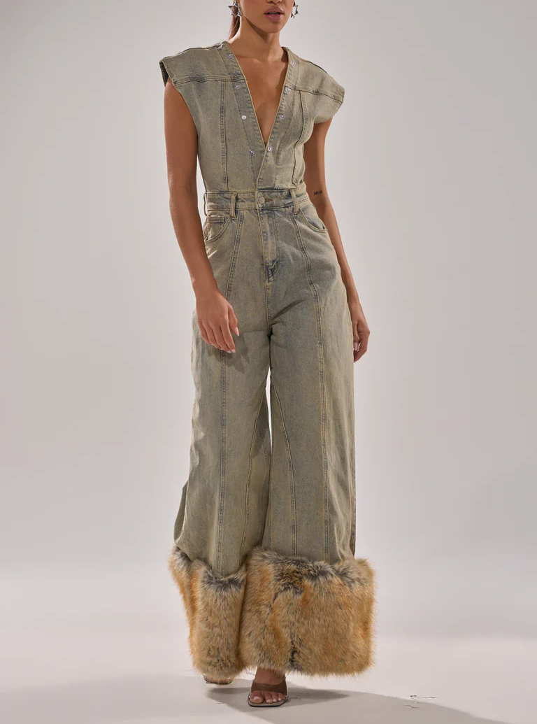Retro Blue Denim Detachable Plush Jumpsuit