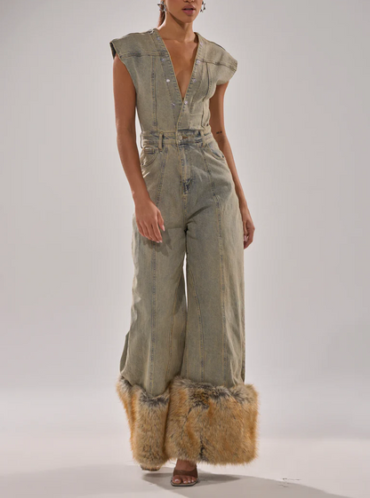 Retro Blue Denim Detachable Plush Jumpsuit