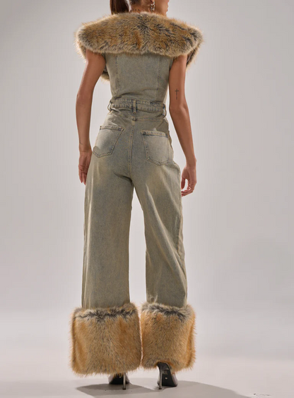 Retro Blue Denim Detachable Plush Jumpsuit