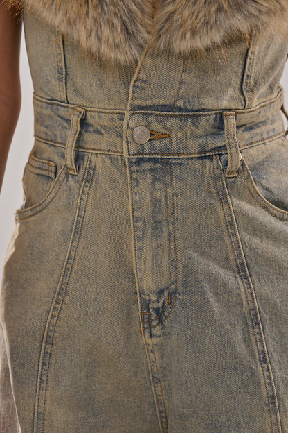Retro Blue Denim Detachable Plush Jumpsuit