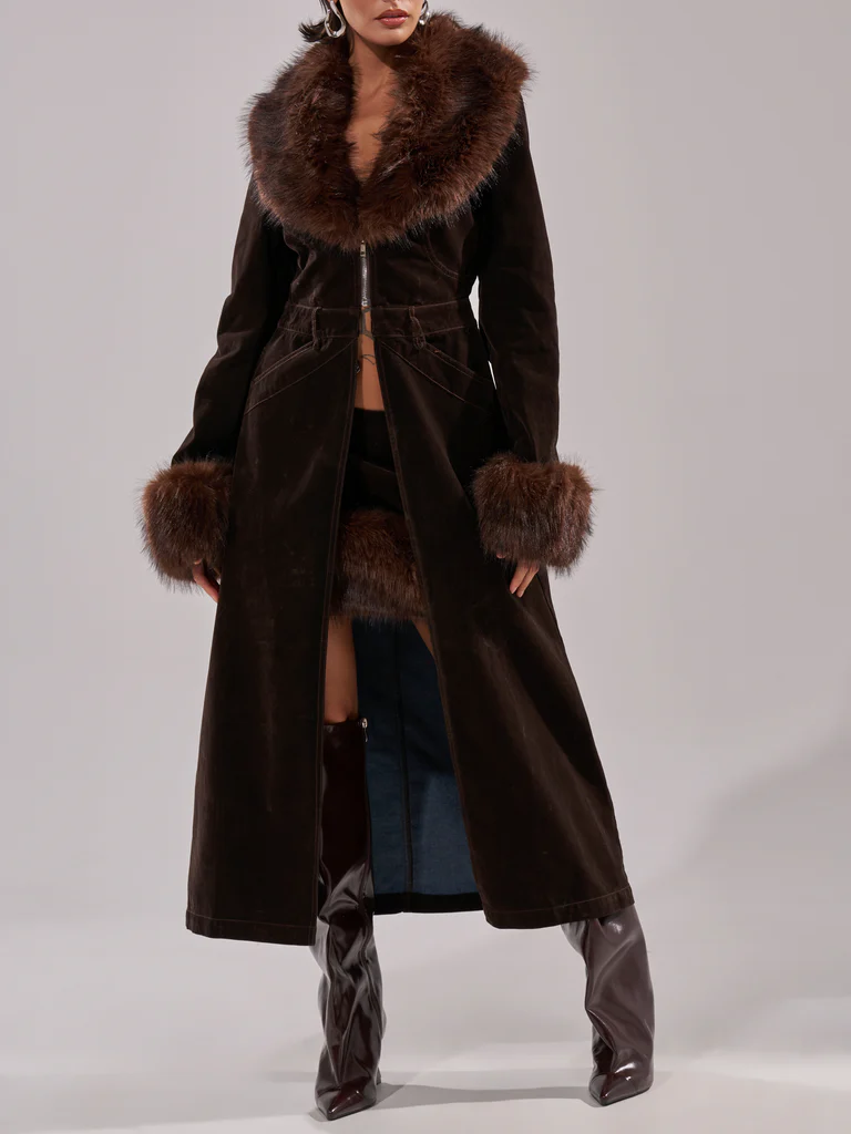 Faux Fur Trim Denim Trench Coat
