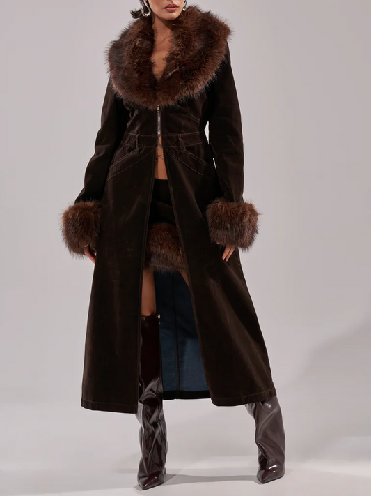 Faux Fur Trim Denim Trench Coat