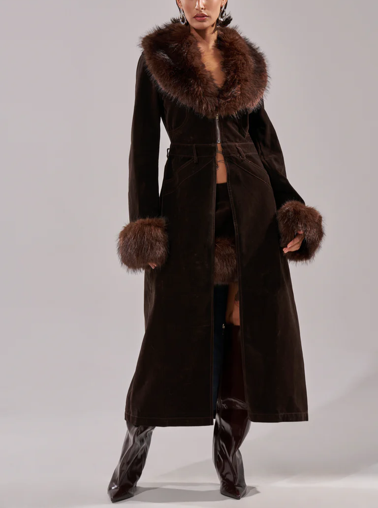 Faux Fur Trim Denim Trench Coat