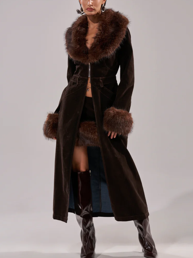 Faux Fur Trim Denim Trench Coat