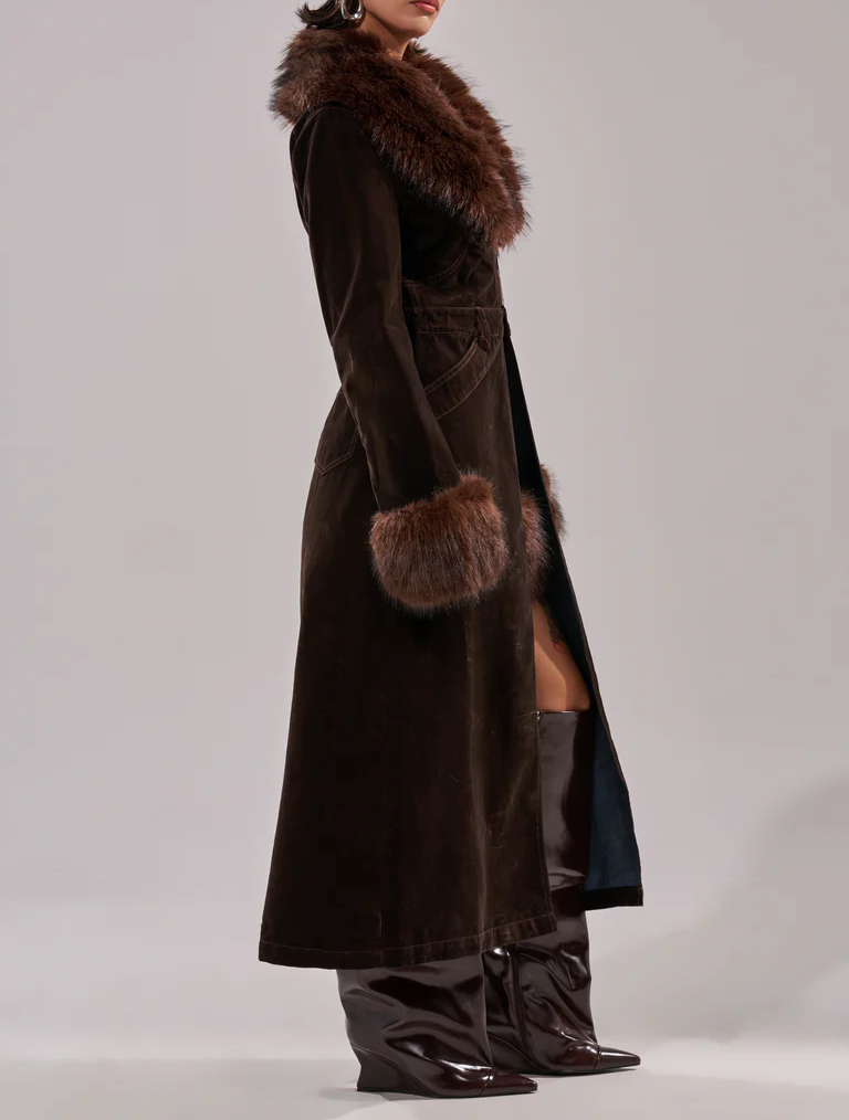 Faux Fur Trim Denim Trench Coat
