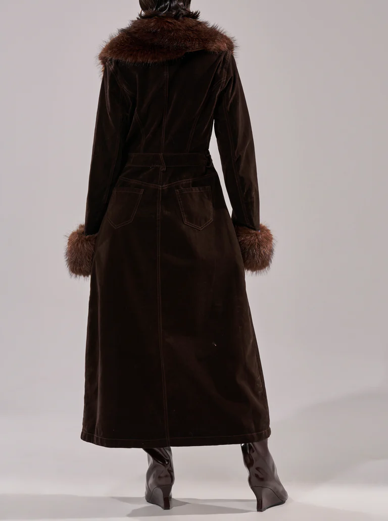 Faux Fur Trim Denim Trench Coat