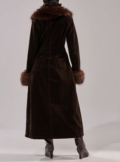Faux Fur Trim Denim Trench Coat