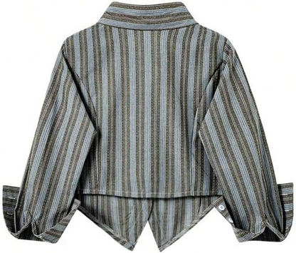 Striped Print Button-Down Long-Sleeve Tie Blouse