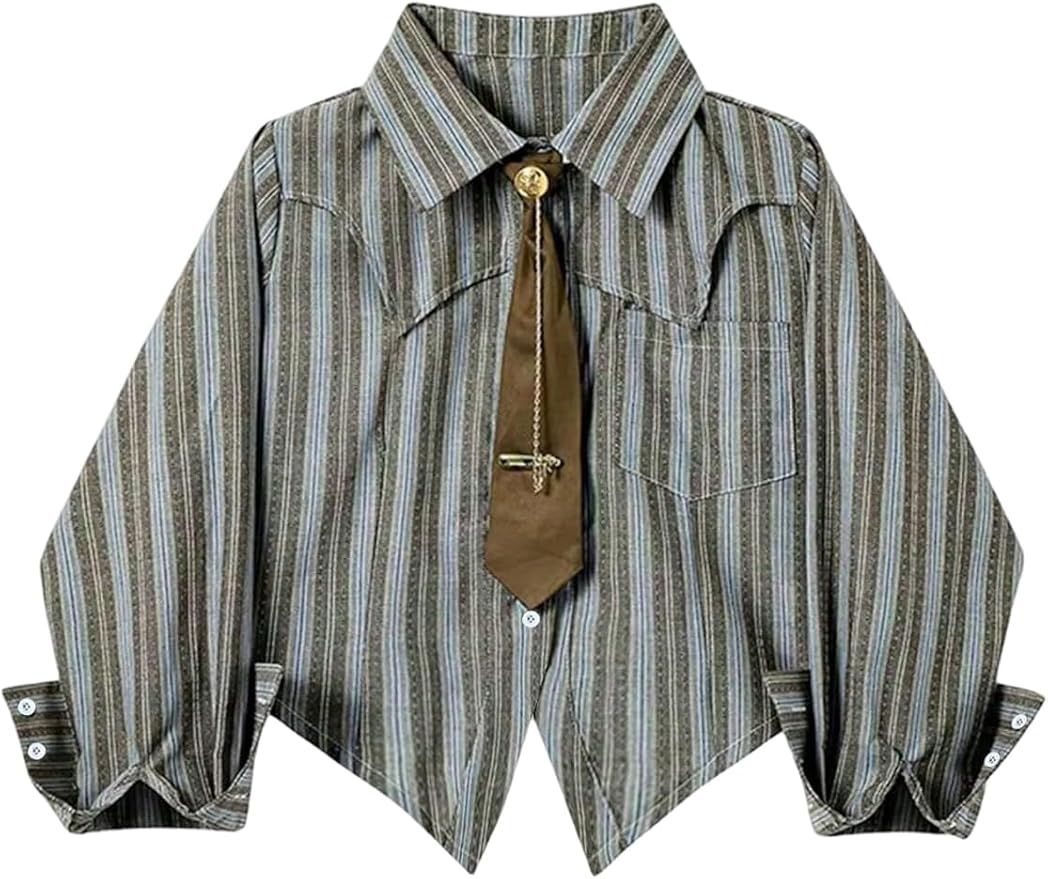 Striped Print Button-Down Long-Sleeve Tie Blouse