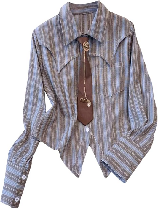 Striped Print Button-Down Long-Sleeve Tie Blouse