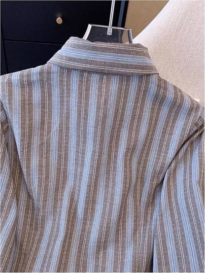 Striped Print Button-Down Long-Sleeve Tie Blouse