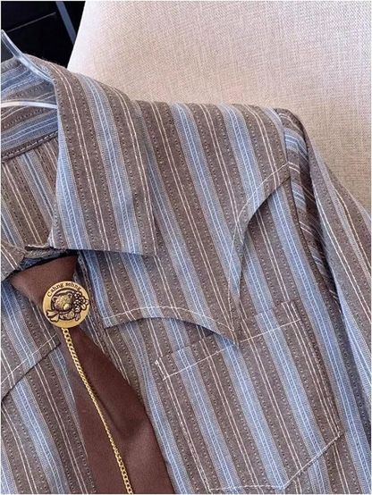 Striped Print Button-Down Long-Sleeve Tie Blouse