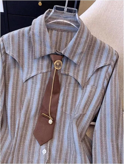 Striped Print Button-Down Long-Sleeve Tie Blouse