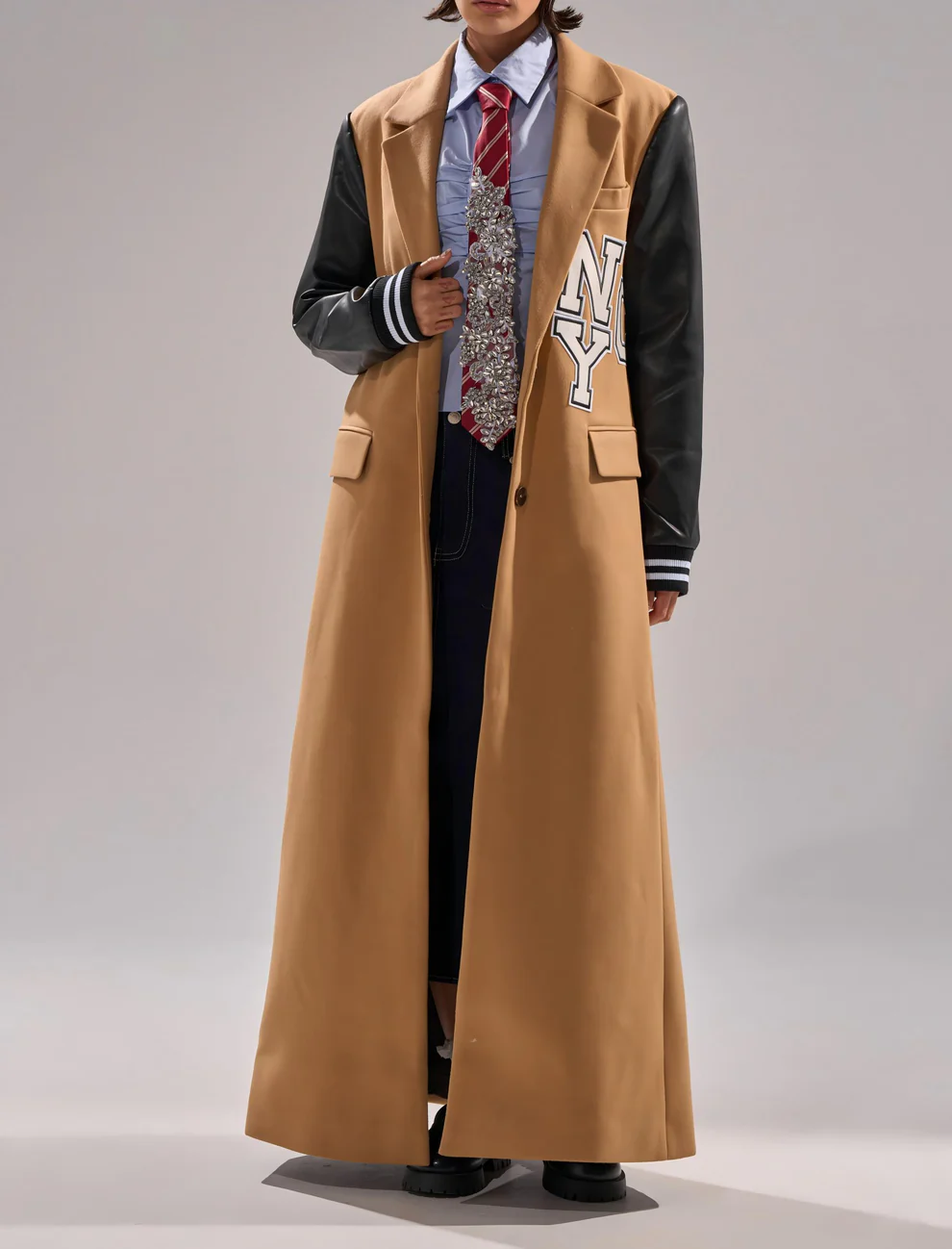 Faux leather long-sleeved baseball jacket