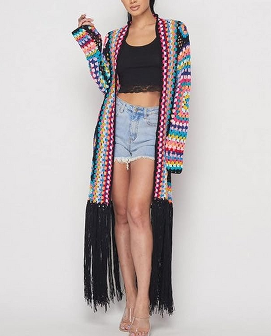 Knit Embroidered Fringe Long Cardigan