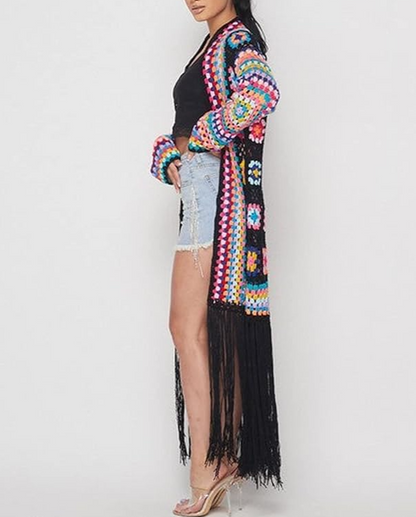 Knit Embroidered Fringe Long Cardigan