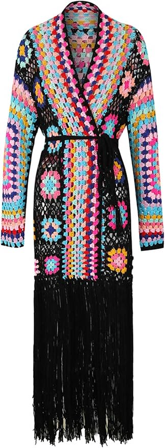 Knit Embroidered Fringe Long Cardigan
