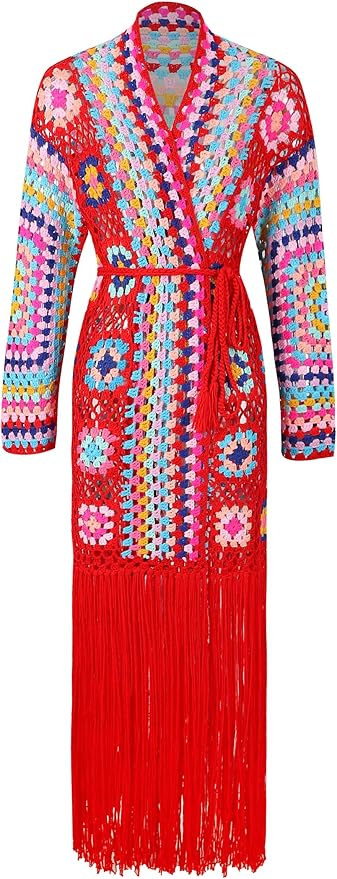 Knit Embroidered Fringe Long Cardigan