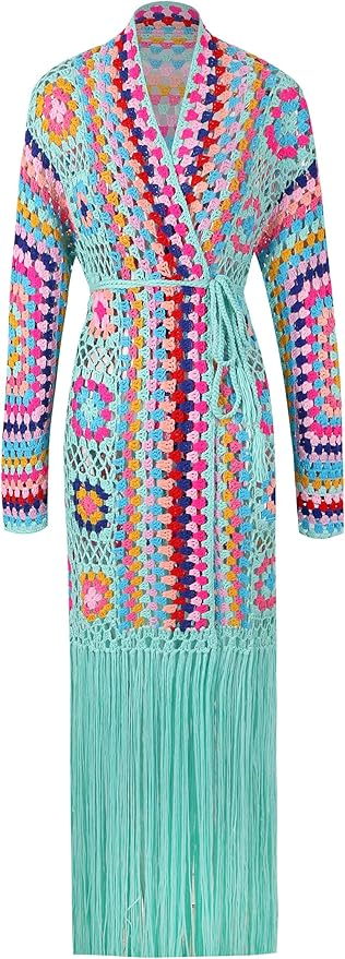 Knit Embroidered Fringe Long Cardigan