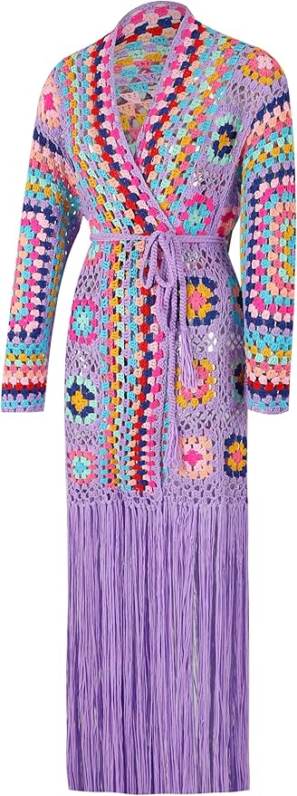 Knit Embroidered Fringe Long Cardigan