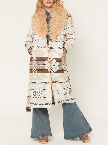 Fur-trimmed blanket coat