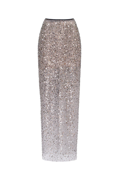 Beaded Silver Fitted Long Dress