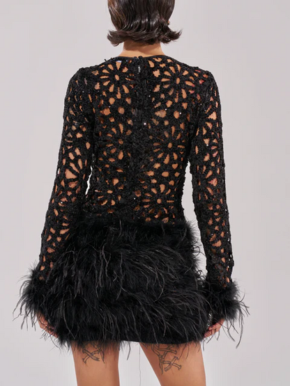 Knit Crochet Feather Mini Dress