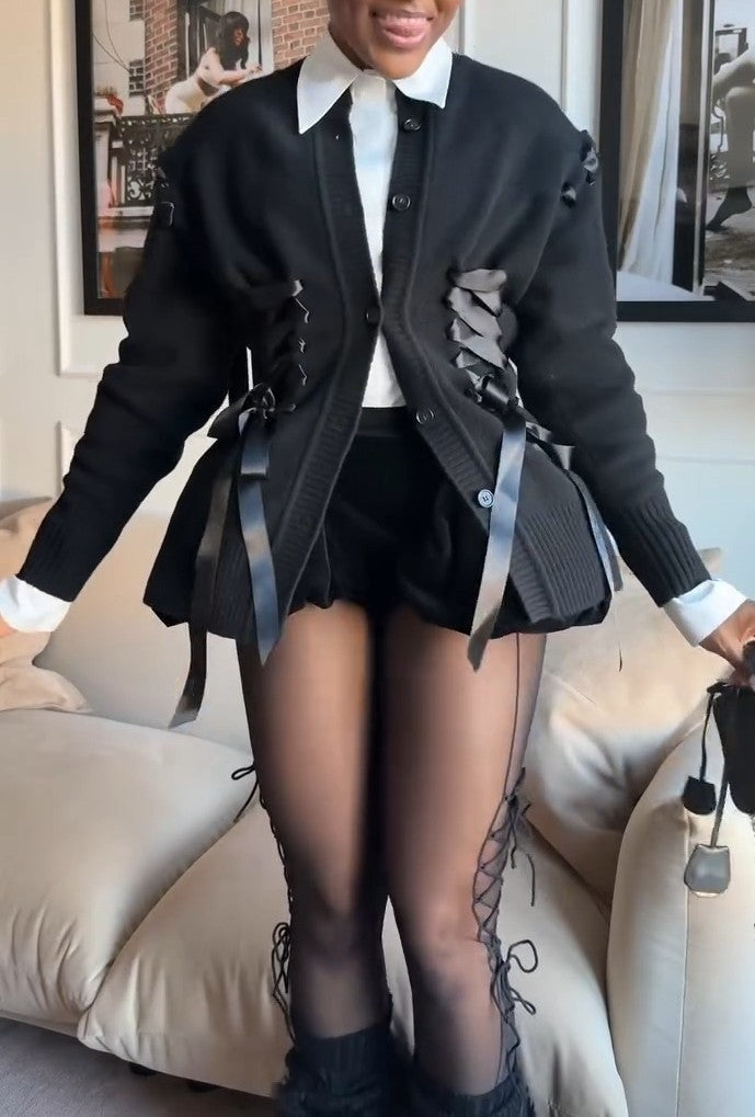 Embellished wool-blend cardigan+Velvet cloud skirt
