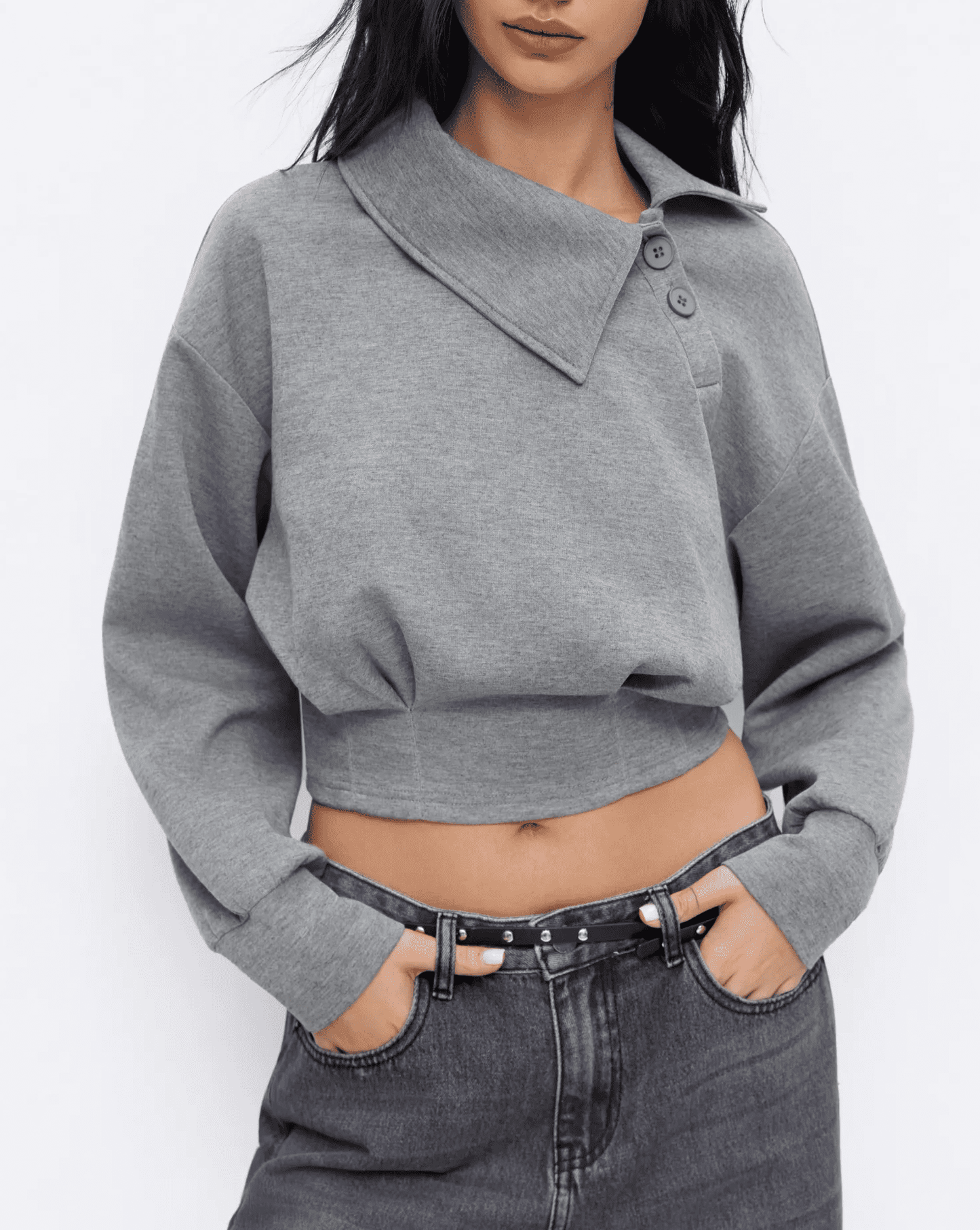 Asymmetrical Neck Long Sleeve Sweatshirt with Cinched Waist