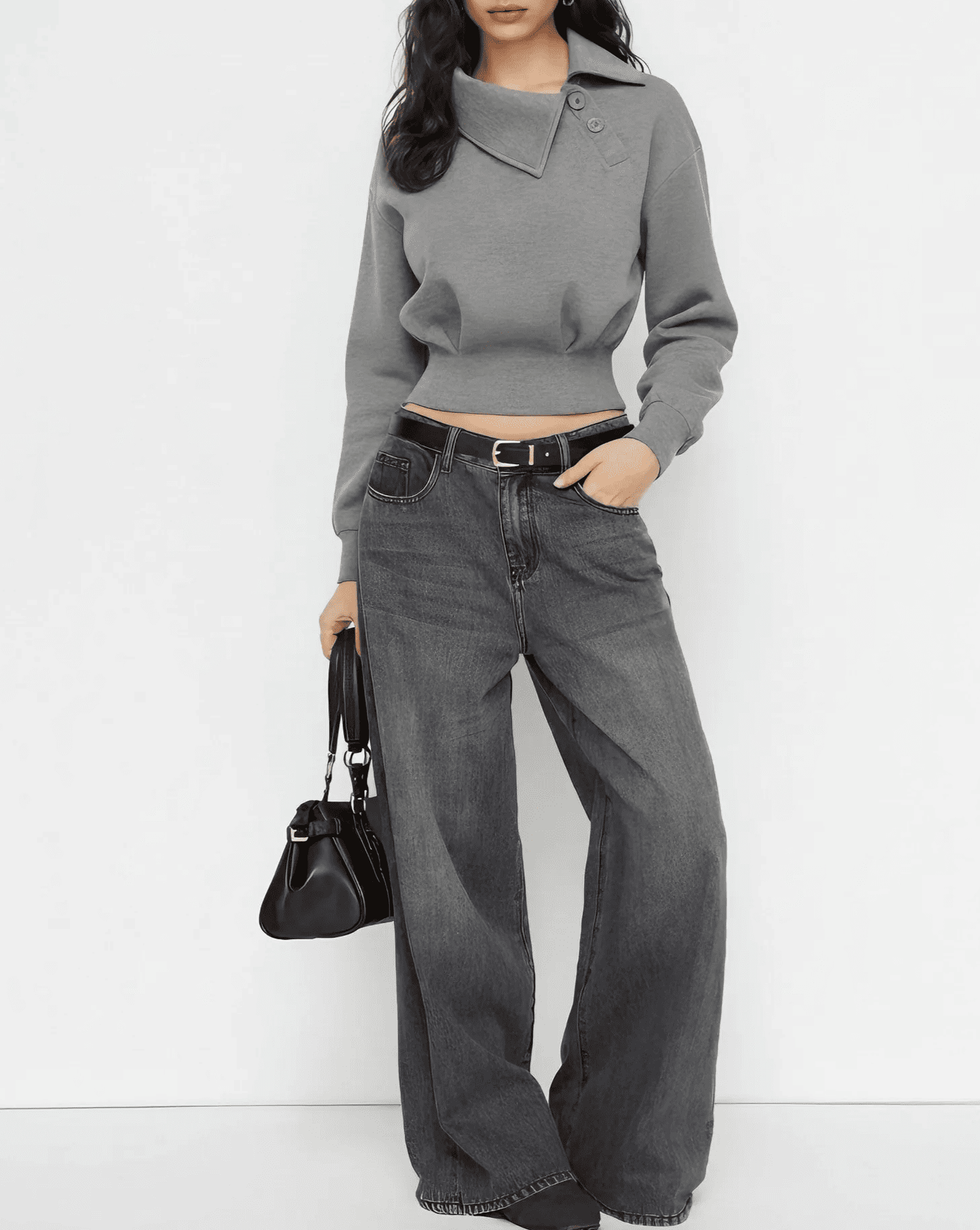 Asymmetrical Neck Long Sleeve Sweatshirt with Cinched Waist