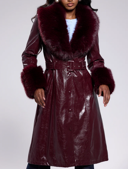 Burgundy Fur-Trimmed Trench Coat
