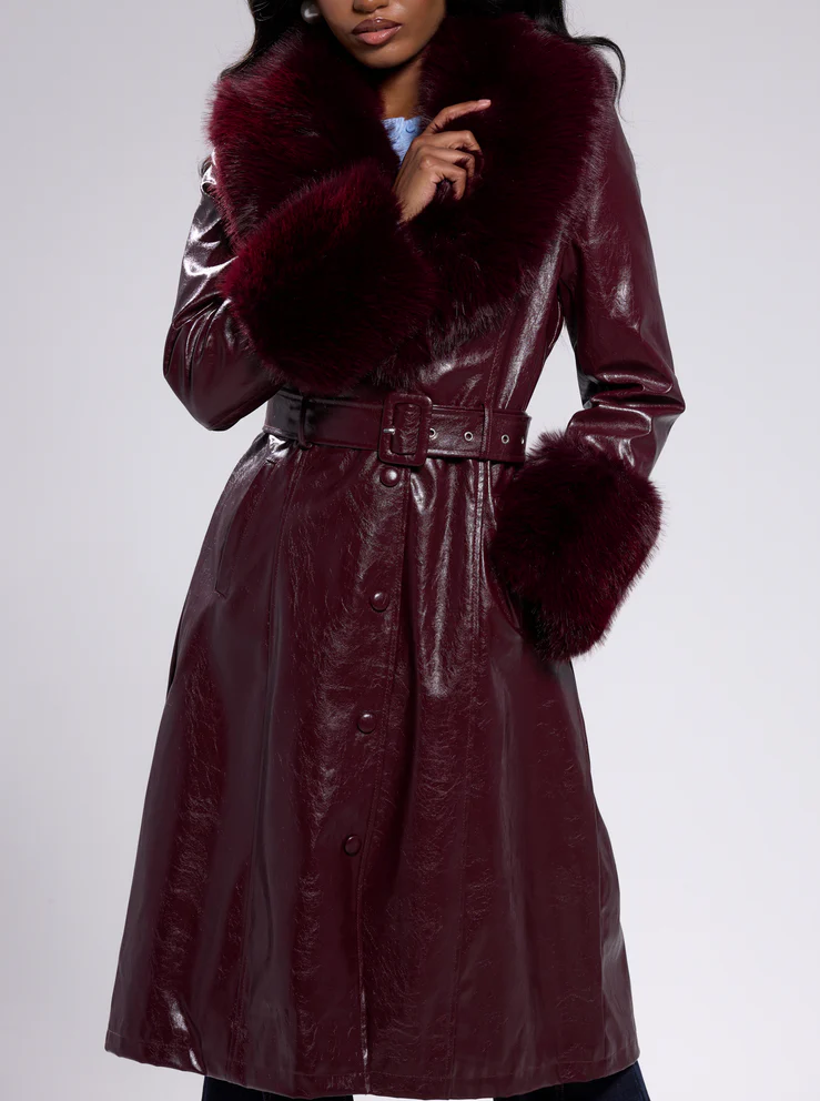 Burgundy Fur-Trimmed Trench Coat
