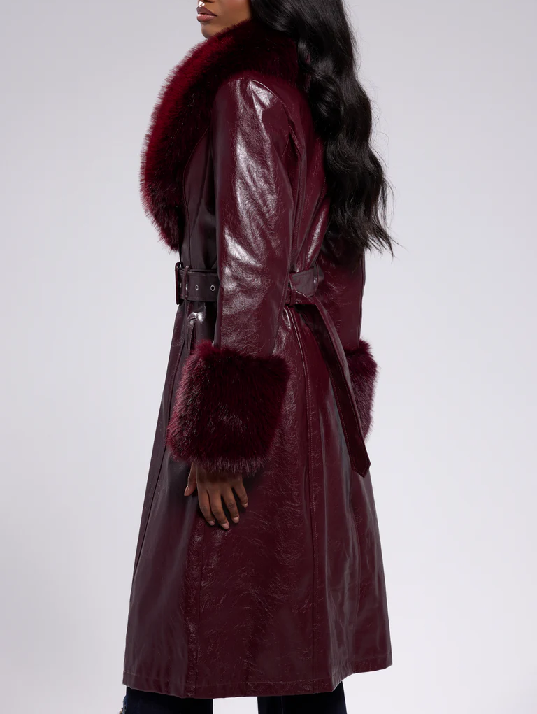 Burgundy Fur-Trimmed Trench Coat
