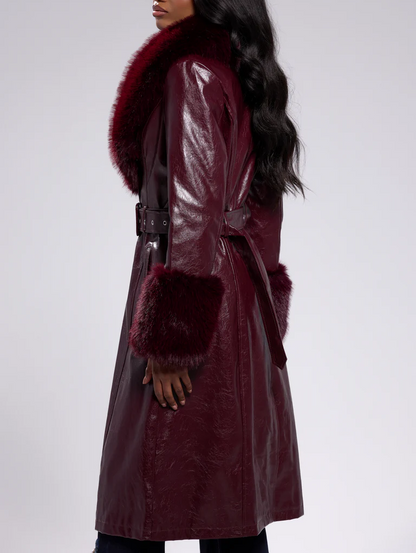 Burgundy Fur-Trimmed Trench Coat